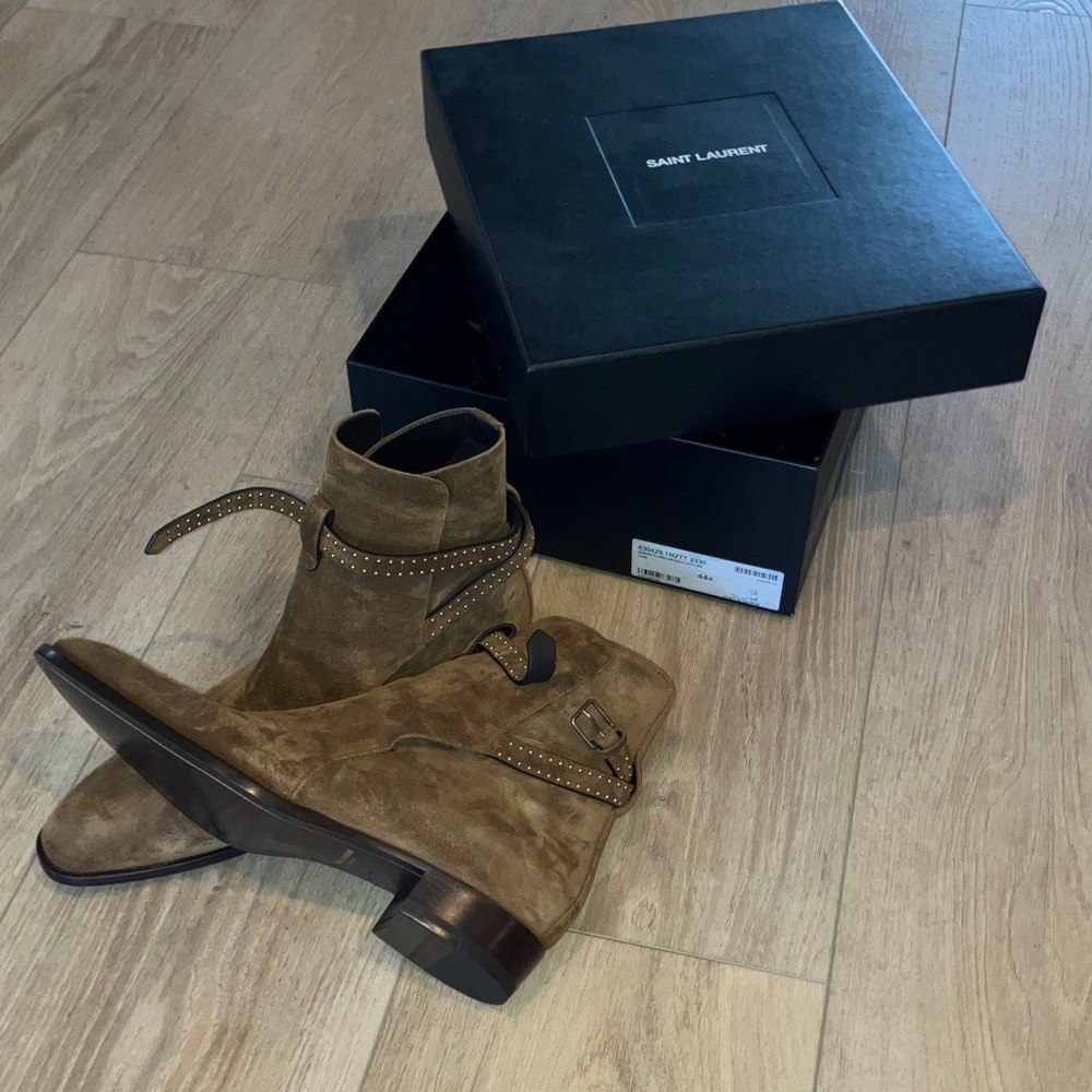 Saint Laurent Tan Suede Studded Boots - Picture 2 of 7